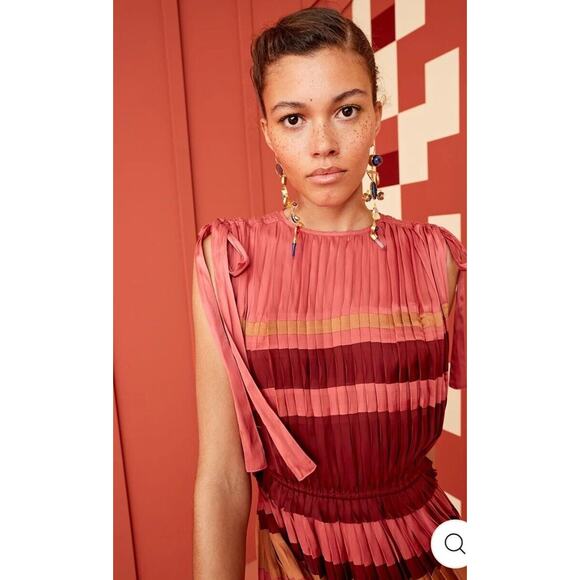 $878 Ulla Johnson - Alessa Dress in CeriseStriped Pleated Plissé Midi Sz 2 - Picture 8 of 16